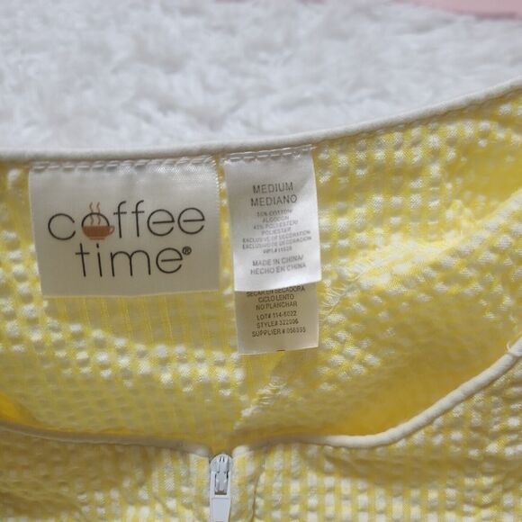 Coffee Time Robe Womens Sz M Seersucker Housecoat Yellow White Stripe Housecoat - Picture 9 of 10